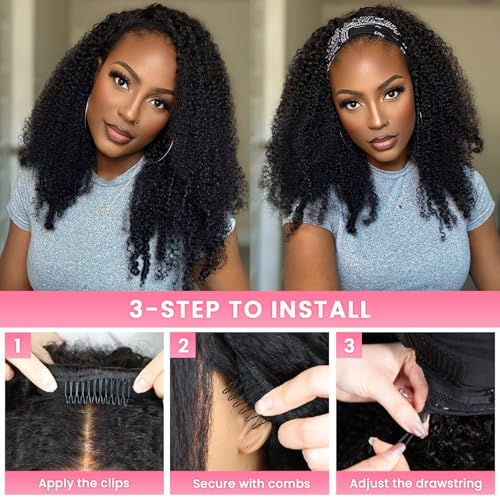 WOWANGEL Kinky Curly Half Wig Human Hair 3-in-1 Glueless Headband Wig with Drawstring, 200 Density Seamless Clip-Ins & Flip Over Design for Black Women,Natural Black(1B#),16 inch