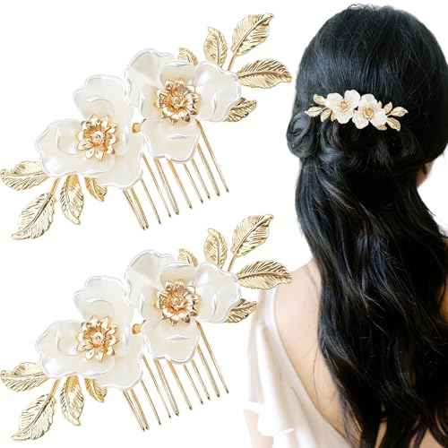 2 PACK Flower Wedding Hair Comb for Bride, Gold Leaf Wedding Hair Piece Floral Hair Accessories for Women and Girls