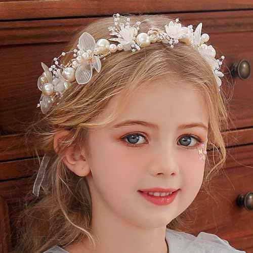 Foyte Crystal Flower Girl Headpiece Leaf Wedding Headband Princess Headpieces Rhinestone Floral Hair Vines Communion Pearl Hair Accessories for Women (Pearl)