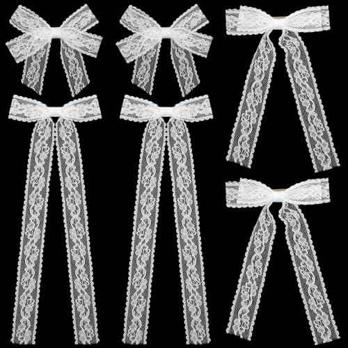 6 PCS White Lace Hair Bows with Long Tail Ribbons Metal Hair Clip with Long Tail Ribbon Bow Barrettes Alligator Hairpins Bride Wedding Gift Birthday for Women