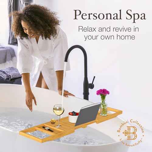 Bathtub Tray - Expandable Bamboo Bath Tray for Tub with Wine Glass Holder, Book & Tablet Stand - Wooden Bathtub Caddy Tray Table for Bathroom Accessories, Spa Relaxation, Housewarming & Wedding Gift