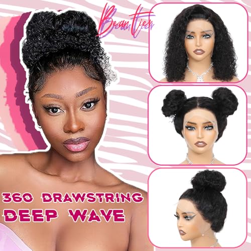 Hidden Strap 360 Deep Wave Lace Front Wigs Human Hair Curly Bob Wig With Drawstring 360 Full Lace Frontal Wigs Human Hair Bob Wigs For Black Women 360 Lace Front Wigs Pre Plucked(12inch)