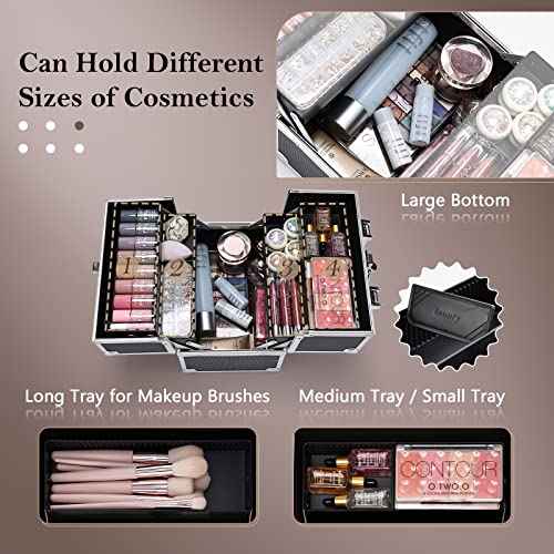 Frenessa Makeup Train Case Cosmetic Organizer Case Professional Makeup Storage Box 4 Trays with Divider Lockable Travel Case Portable Travel Makeup Box for Makeup Artist, Carfter, Cosmetics Black