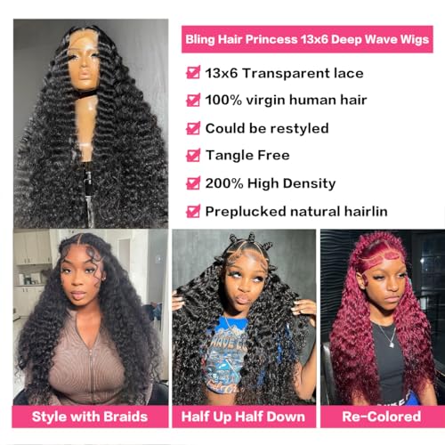 18 Inch Deep Wave 13x6 Lace Front Wigs Human Hair Pre Plucked With Baby Hair 200 Density Deep Curly Lace Frontal Wigs Human Hair Transparent HD Lace Wigs Natural Black