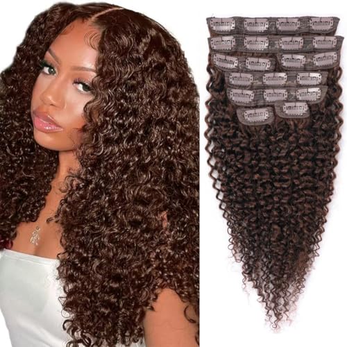 24 Inch Chocolate Brown Kinky Curly Clip ins Human Hair 110g 8pcs 20 Clips 3C 4A Curly Clip In Hair Extensions Real Human Hair Brazilian Virgin Hair Full Head for Women 4# Color