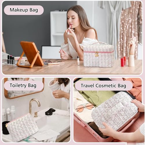3Pcs Quilted Floral Makeup Bag Cosmetic Bag for Women Teen Girls,Cute Pink Make Up Bags,Aesthetic Large Cotton Cosmetic Pouch,Flower Coquette Travel Toiletry Organizer Storage Bag