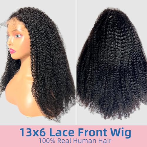 Afro Kinkycurly Wig Human Hair Kinky Curly13x6 Lace Front Wig 100% Real Human Hair Wigs 200 Density 16 Inch True to Length and Density 13x6 Lace Wigs for Women Preplucked Hairline Natural Black Color