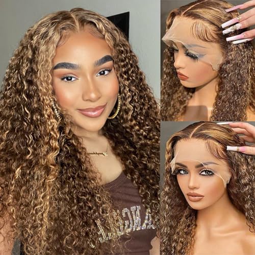 20 Inch Honey Blonde Deep Wave HD Lace Front Wigs Human Hair 180 Density 13x6 Full Lace Frontal Wigs Human Hair Pre Plucked Glueless Water Wave Ombre 4/27 Highlight Wigs for Women