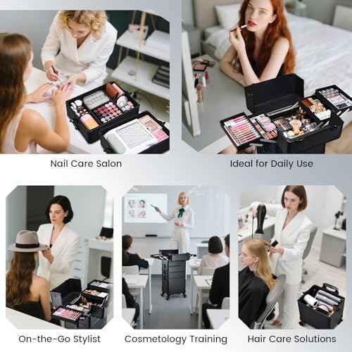 FRENESSA Rolling Makeup Case Makeup Train Case with Lid 5 in 1 Cosmetology Case on Wheels Large Makeup Organizers Salon Cart Barber Trolley Nail Teach Makeup Artist Trunk Cart Black