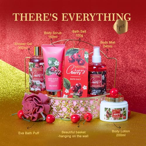 Bath & Body Basket Set, Cherry Fruit Scent Spa Gift Basket with Shower Gel, Lotions for Women Gift Set, Spa Kits for Christmas Valentine's Birthday Gift All Occasion Holiday Gift Idea Luxury Bath Set
