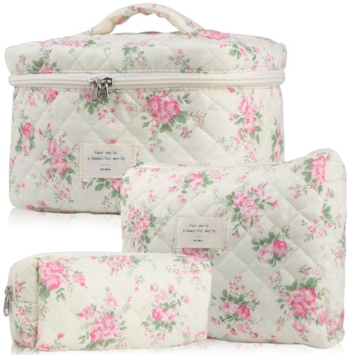 Cute Makeup Bag for Women(3 Pcs), Quilted Floral Coquette Aesthetic Make up Bags, Travel Cosmetic Bags Toiletry Organizer Bag(Pink Flower)