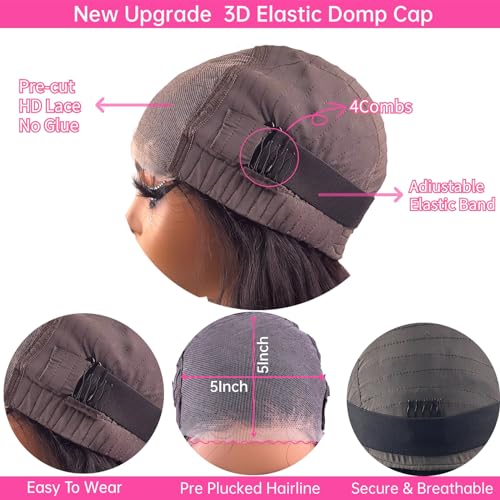 Glueless Wigs Human Hair Pre Plucked Pre Cut 5x5 Closure Wigs Human Hair For Beginners 200 Density HD Lace Front Wigs Body Wave For Black Women With Baby Hair (Glueless Wig, 22 Inch)