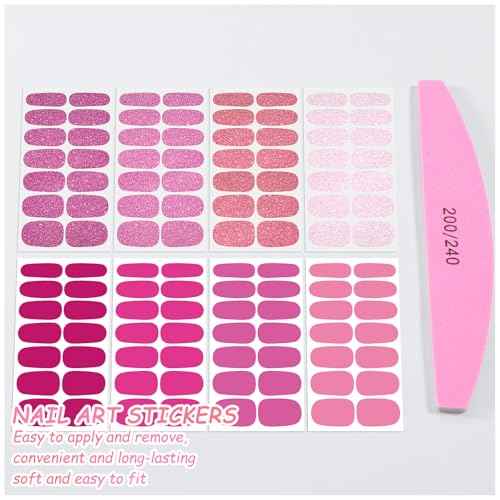 SILPECWEE 8 Sheets Nail Stickers Full Nail Wraps (Pink Solid & Glitter), Self Adhesive Nail Polish Strips, Gel Strips Design Fingernail Sticker Nails for Women with File