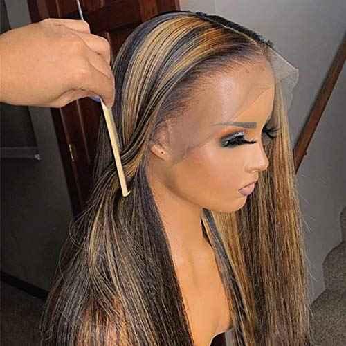 Silky Straight Ombre Honey Blonde Lace Front Wig 22" Highlights Human Hair for Women Pre Plucked Ombre 13x4 Lace Front HD Transparent Wig Black Mixed Brown Hair with Roots Can be Curled 150% Density