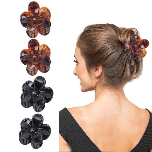 4PCS Flower Hair Claw Clips, Large Plumeria Hibiscus, Big Cute Dasiy Hair Clips, Strong Hold Nonslip Hair Clips birthday gifts for women (Tortoise and Black (4 Pieces, Big))
