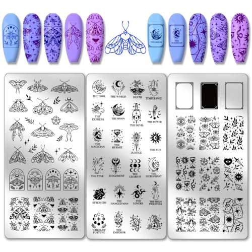 PH PandaHall 3pcs Tarot Nail Art Stamping Plate, 63 Pattern Fantasy Moth Nail Stamper Fantasy Elements Nail Stamping Plate Print Nail Stencils Stainless Steel Nail Image Plates for Nail Art Design