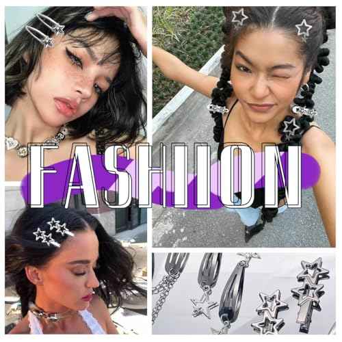 10 Pcs Silver Hair Clips Metal Star Barrettes, 8 Shapes Hairpin Barrettes, Goth Hair Pins Set, Punk 2000s Hair Accessories for Women and Girls Styling Star Hairpin (10 PCS)