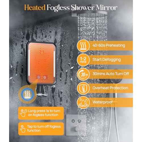 Gospire Heated Shower Mirror Fogless for Shaving with Light, Rechargeable Battery and Adjustable Brightness, Suction Cup and Razor Holder, Removable & NO-Drilling, Waterproof for Bathroom (Black)