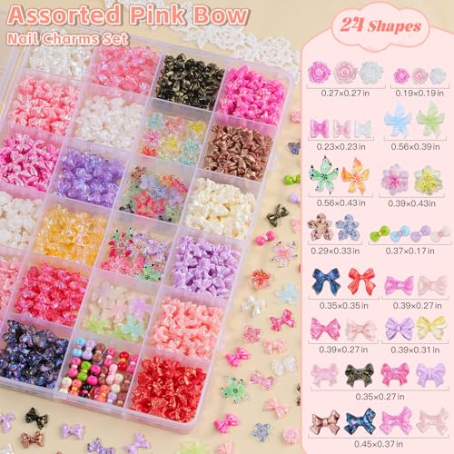 600 Pcs Bow Nail Charms Kit, 3D Mix Color Bowknot Nail Art Charms Soft Hibiscus Flower Nail Charms Flatback Pink White Butterfly Accessories for Nails Design with Tweezers for Women DIY Crafts
