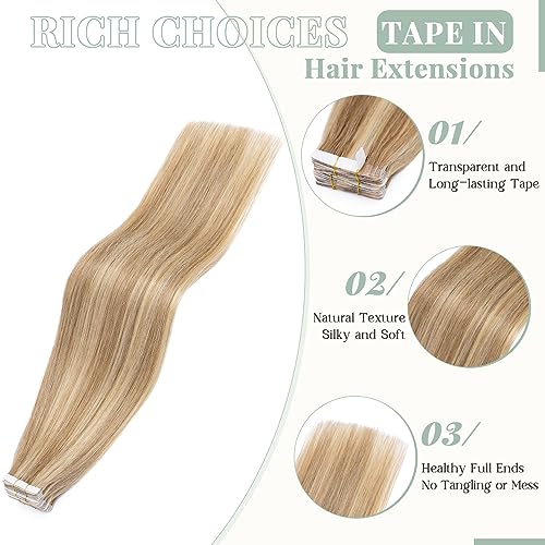Rich Choices Tape in Hair Extensions Human Hair, 40pcs 100g 100% Remy Tape Hair Extensions Real Human Hair,Seamless Tape in Hair Extension 16 Inch #12P613 Golden Brown Highlighted Bleach Blonde