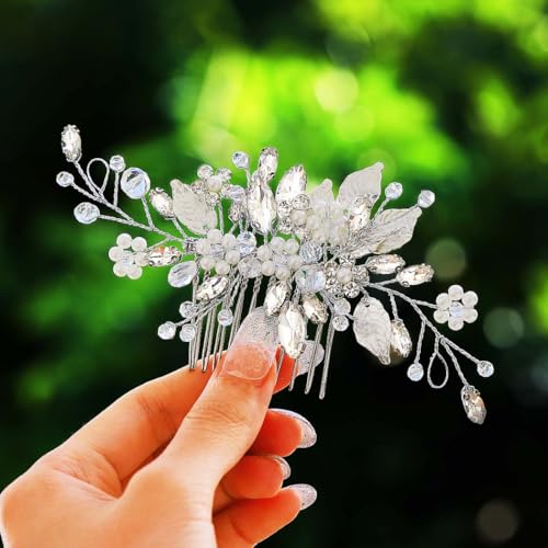 Gorais Leaf Bride Wedding Hair Comb Pearl Bridal Hair Piece Crystal Side Comb Hair Accessories for Women and Girls