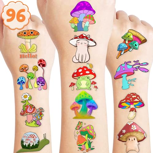 96 PCS Mushroom Temporary Tattoos Mushroom Veggie Theme Birthday Party Decorations Favors Supplies Decor Trippy Cute Stickers Gifts for Boys Girls Kids Class School Prizes Carnival Halloween Christmas