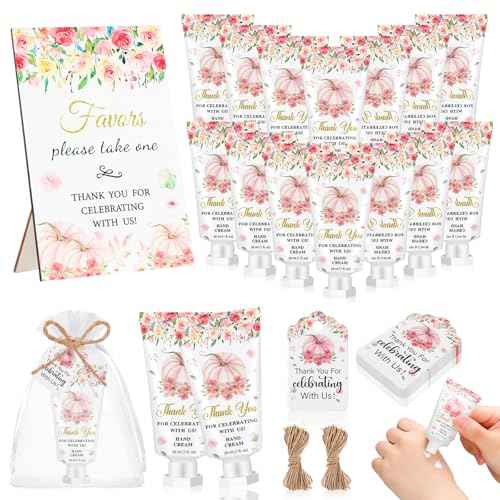 48 Sets Fall Hand Cream Bulk Gifts for Guest Baby Shower Party Favors Travel Size Pumpkin Hand Cream with Thank You Cards for Autumn Thanksgiving Party Supplies(Pink Pumpkin)