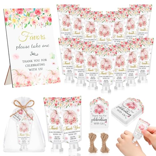 48 Sets Fall Hand Cream Bulk Gifts for Guest Baby Shower Party Favors Travel Size Pumpkin Hand Cream with Thank You Cards for Autumn Thanksgiving Party Supplies(Pink Pumpkin)