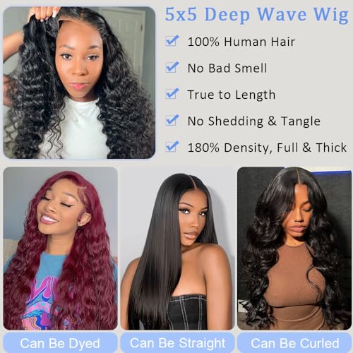 Glueless Wigs Human Hair Pre Cut 5x5 Lace Closure Deep Wave Wig 180% Density Wear and Go Human Hair Curly Wigs for Black Women Natural Black Color Small Head Friendly 26Inch