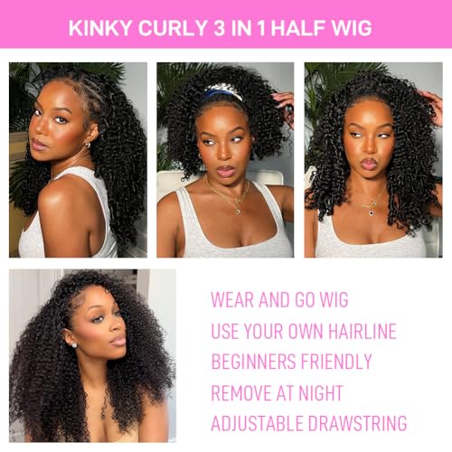 SKYDO Kinky Curly Half Wig Human Hair 250 Density Headband Wig Human Hair 3 in 1 Glueless Wear and Go Drawstring Seamless Flip Over Beginner Friendly Curly Wigs for Women 20inch