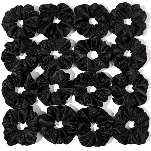 16 Pcs Scrunchies for Women - Black Satin Silk Scrunchies for Girls Hair Ties Elastics Bands Ponytail Holder Hair Accessories