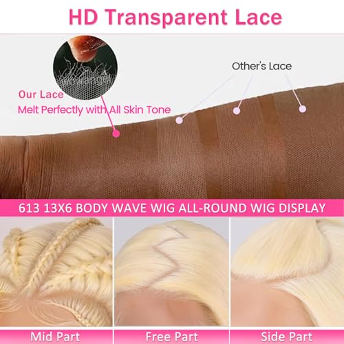 613 Lace Front Wig Human Hair 200 Density 13x6 Body Wave Blonde Wig Human Hair 613 HD Blonde Lace Front Wigs 613 Lace Frontal Wigs Pre Plucked for Women (20 Inch)