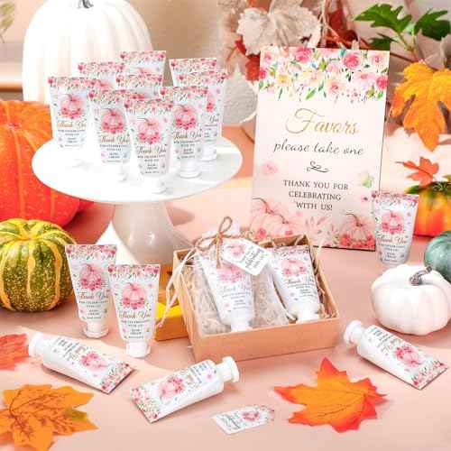 48 Sets Fall Hand Cream Bulk Gifts for Guest Baby Shower Party Favors Travel Size Pumpkin Hand Cream with Thank You Cards for Autumn Thanksgiving Party Supplies(Pink Pumpkin)