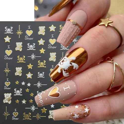 8PCS Christmas Tree Nail Stickers Metallic Nail Decals 3D Self-Adhesive Snowflake Lanterns Bells Elk Bear Star Heart Gold Silver Metal Design Xmas for Women French Manicure Decoration Party