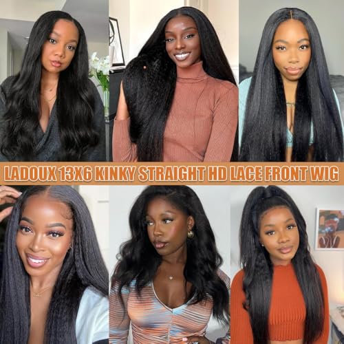 13x6 Lace Front Kinky Straight Wig HD Transparent Yaki Straight Frontal Closure Human Hair Wigs for Women 16Inch 180% Density Glueless Wig Pre Plucked With Baby Hair
