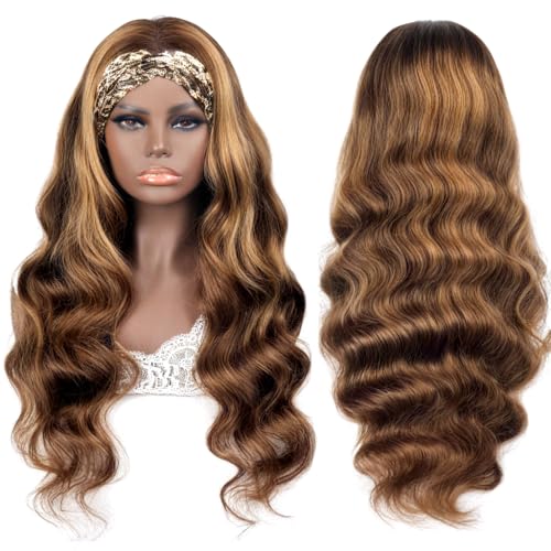 Body Wave Headband Wig Human Hair Highlight Ombre 22 Inch Glueless None Lace Front Wigs Brazilian Virgin Hair #4/27 Honey Blonde Headband Wigs for Black Women 150% Density