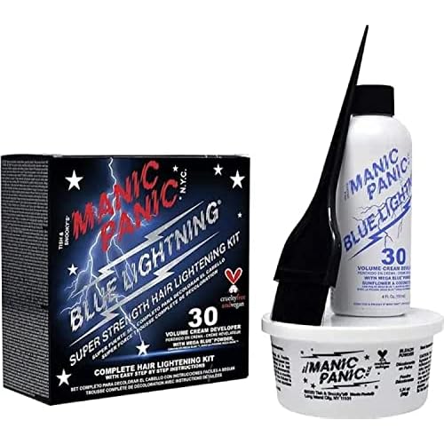 MANIC PANIC Blue Lightning Hair Bleach Kit - 30 Volume Developer + Bleach Powder Hair Lightener Lifts up to Five Levels And Eliminates Orange Tones - Vegan And Cruelty Free