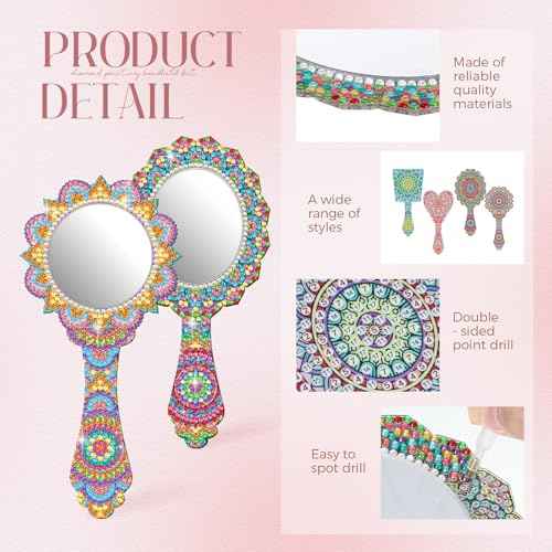 4 Pcs Diamond Painting Mirror Handheld Kits Valentine Christmas Art Gifts Compact Decorate Your Own Mirror for Hand DIY Crafts