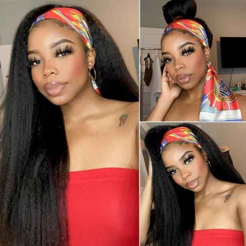 VIVIBABI Kinky Straight Human Hair Headband Wigs 24 Inch Glueless None Lace Front Wigs Machine Made Virgin Kinky Straight Human Hair for Black Women 180% Density Natural Color