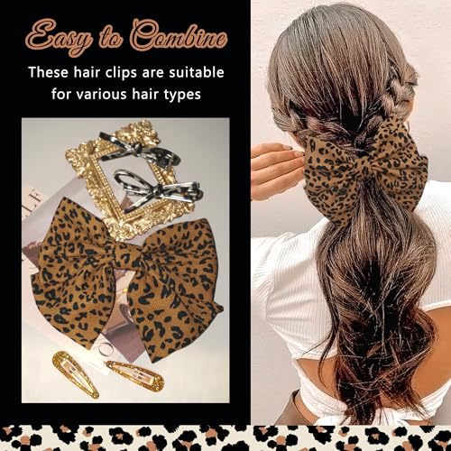 Leopard Bow Hair Clips 3 Styles Barrettes Set Brown Leopard Print Hair Bows Glitter Gold Snap Hair Clips Bowknot Alligator Clips Golden Cheetah Hair Accessories for Women and Girls
