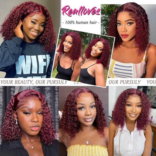 14 Inch 99J Burgundy Deep Wave Curly Bob Wig for Black Women 180% Density Human Hair 13x4 HD Lace Front Wigs