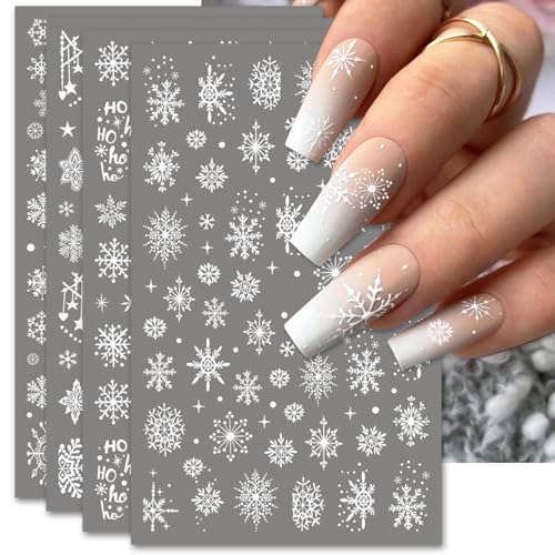 Large Snowflake Nail Stickers, Christmas 3D Self-Adhesive Nail Art Decals - White Snowman Santa Elk Design for DIY Manicure Winter Xmas DIY Nail Decorations (4 Sheets)