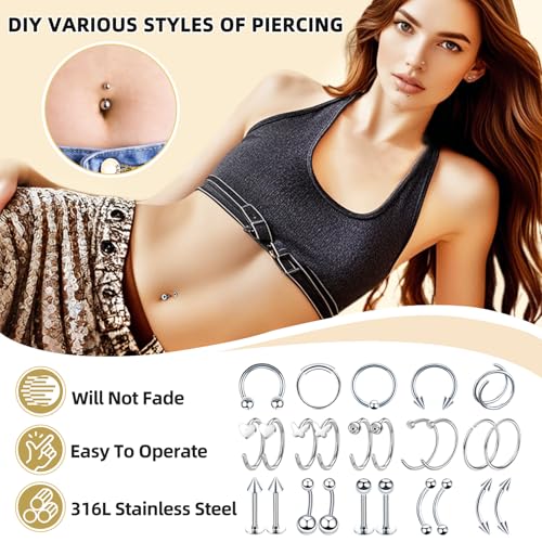 154PCS Mixed-pack Nose Piercing Kits for All Piercings,Stainless Steel Piercing Jewelry Kit 14G 16G with Piecing Needles for Ear Cartilage Tragus Nose Septum Lip Piercing Tools
