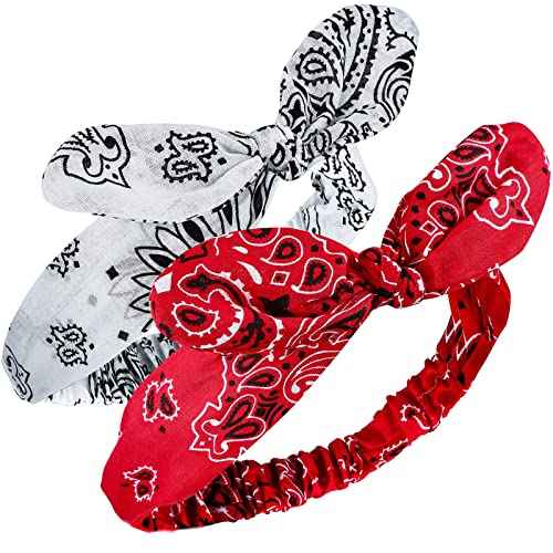 Hicarer 2 Pieces Bandana Headband for Women, Knot Retro Print Bandana Paisley Print Headband Adjustable Headwrap(Red, White)