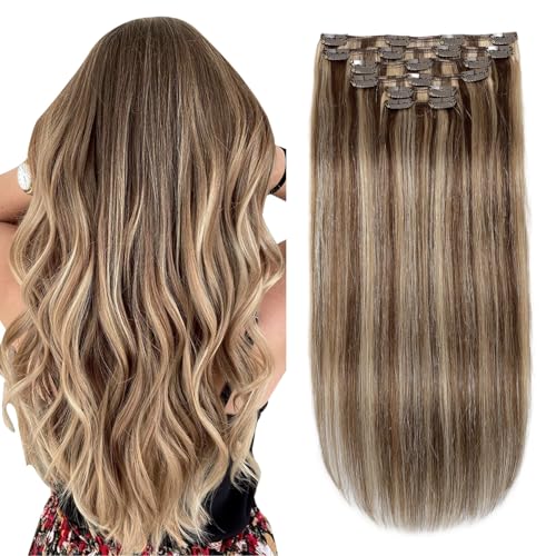 XDhair Clip In Hair Extensions Remy Human Hair Medium Brown #4 Mixed to Caramel Blonde #27 Clip In Real Hair Silk Stright 120g 6Pcs (#4P27,18Inch)