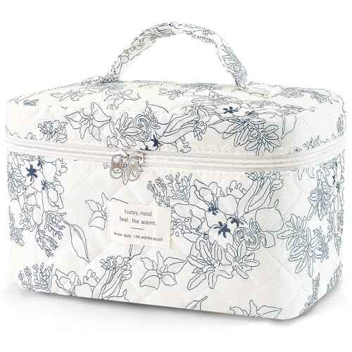Large Travel Quilted Makeup Bag for Women, Floral Cotton Cosmetic Bag Cute Coquette Aesthetic Floral Toiletry Organizer Bag for Girls Little Blue Flower Cosmetic Zipper Storage Bag