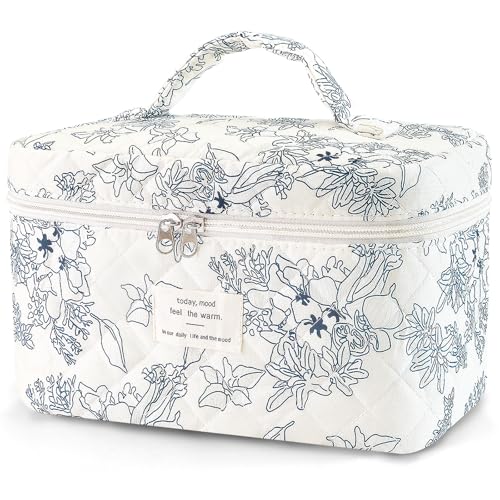 Large Travel Quilted Makeup Bag for Women, Floral Cotton Cosmetic Bag Cute Coquette Aesthetic Floral Toiletry Organizer Bag for Girls Little Blue Flower Cosmetic Zipper Storage Bag