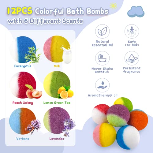 Bath Bombs for Kids,12pcs Bath Bombs with Surprise Crystal Toys Inside, Handmade Natural and Organic Bubble Bath Bombs, Birthday Christmas Easter Gift for Girls