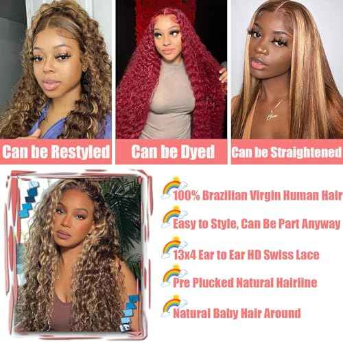 JFOOHD 28 Inch Highlight Deep Wave Lace Front Wigs Human Hair 200% Density 13x4 Deep Curly Human Hair Wig Pre Plucked P4/27 Ombre HD Lace Frontal Wigs for Women