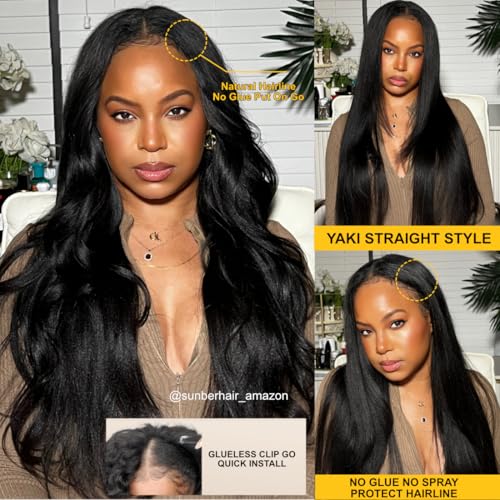 Sunber Yaki Straight V Part Human Hair Glueless Wig Upgrade U Part Wig No Leave Out Vpart light yaki straight Machine Made Clip In Half Wigs No Leave Out Real Scalp V Shape 150% Density 20Inch